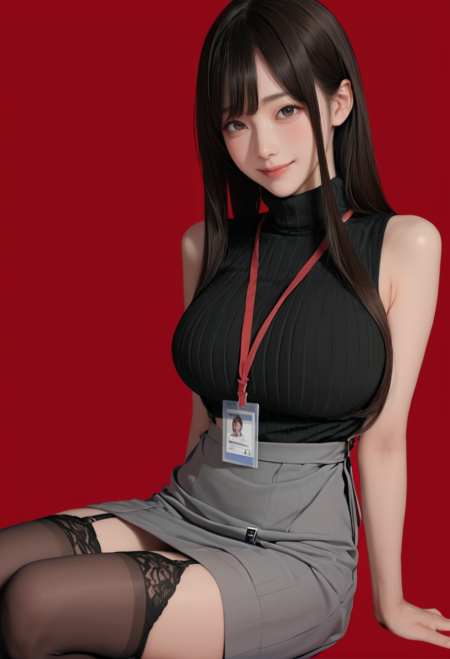 32399-2321660596-1girl,solo,red background,,ruanyi0897,black thighhighs,garter straps,turtleneck,id card,lanyard,sleeveless,grey skirt,_lora_0897.png